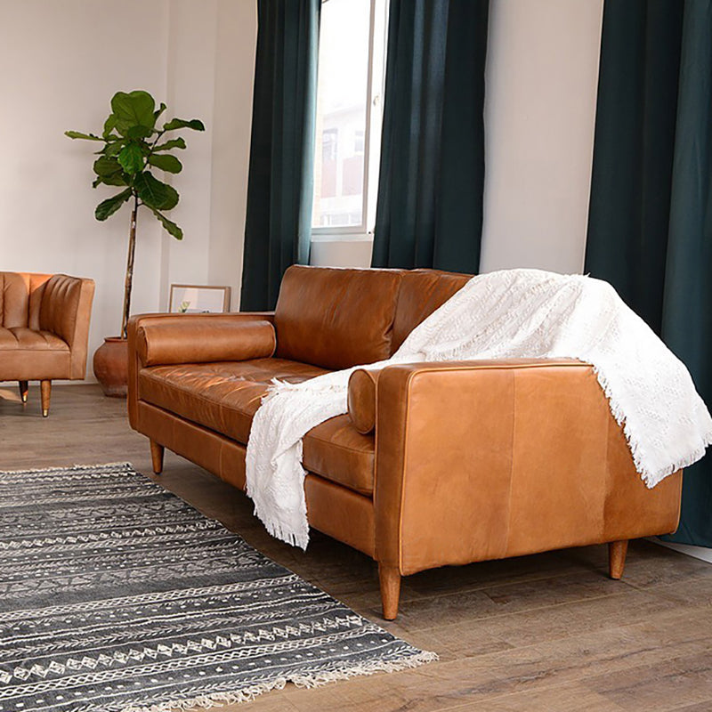 33.46" H Genuine Leather Square Arm Sofa with Down Fill Cushions for Apartment