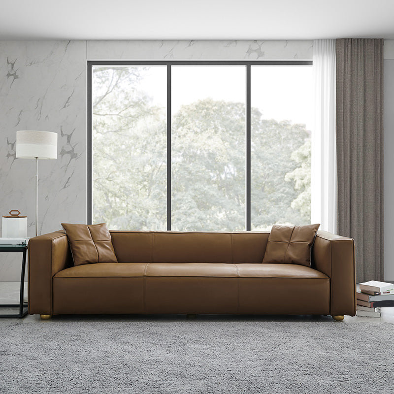 24.80"H Genuine Leather Square Arm Sofa with Tight Back for Living Room