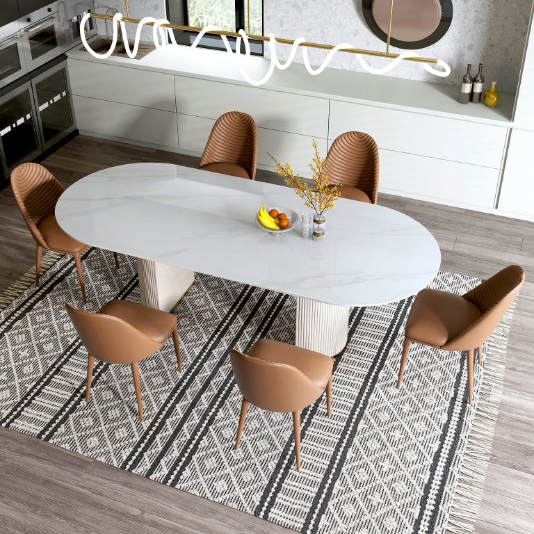 Ovale dubbele voetstuk glamour eettafel witte tint vaste tafel met gesinterde steen