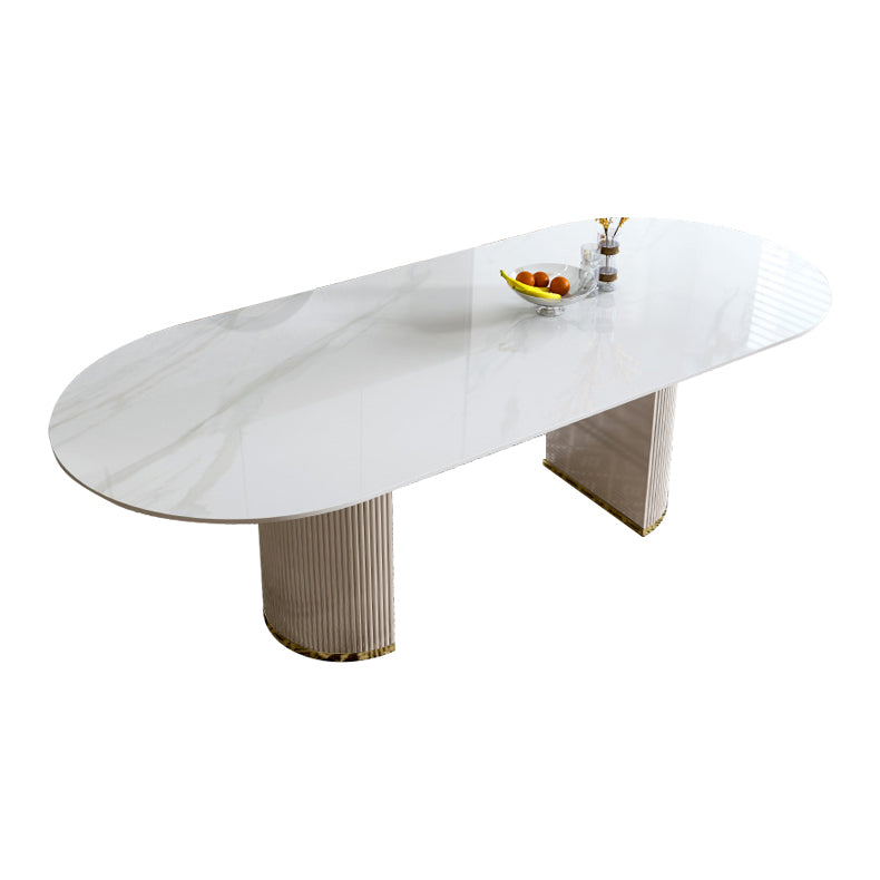 Ovale dubbele voetstuk glamour eettafel witte tint vaste tafel met gesinterde steen
