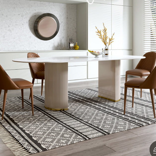 Ovale dubbele voetstuk glamour eettafel witte tint vaste tafel met gesinterde steen
