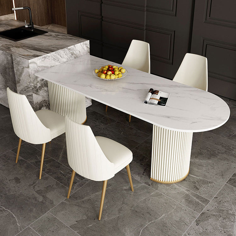 Traditional Luxury Dining Table White Sintered Stone Double Pedestal Dining Table