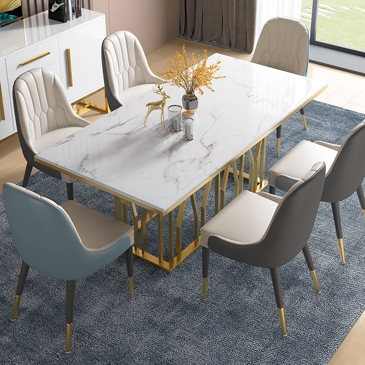 Mesa de comedor rectangular de lujo tradicional de metal, mesa interior con tapa blanca y base de pedestal