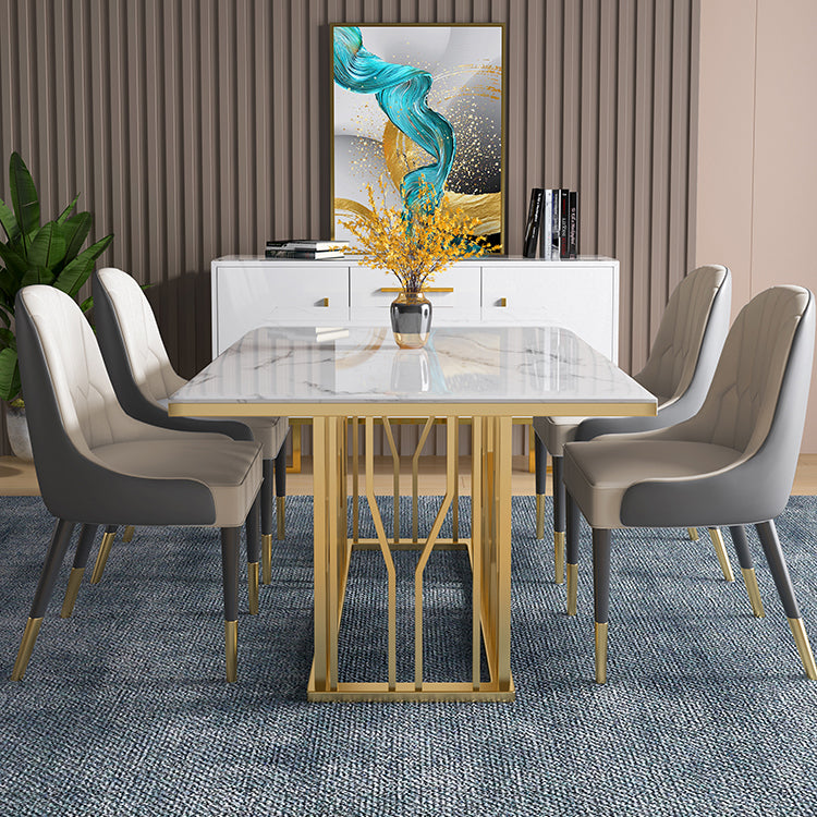 Mesa de comedor rectangular de lujo tradicional de metal, mesa interior con tapa blanca y base de pedestal