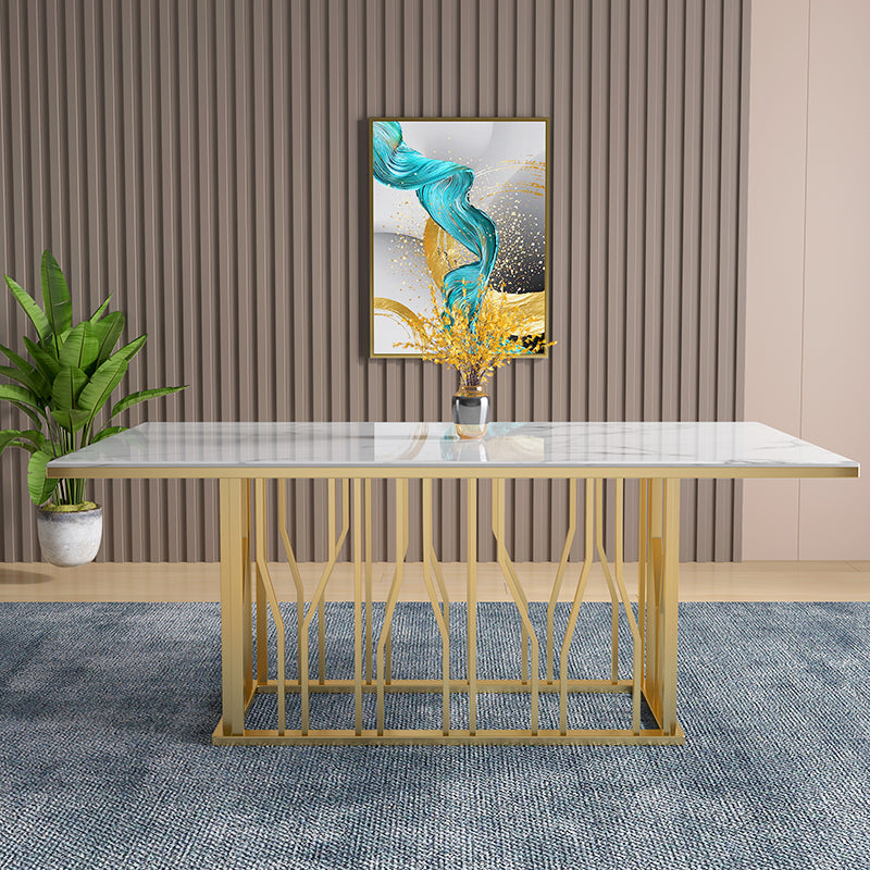 Mesa de comedor rectangular de lujo tradicional de metal, mesa interior con tapa blanca y base de pedestal