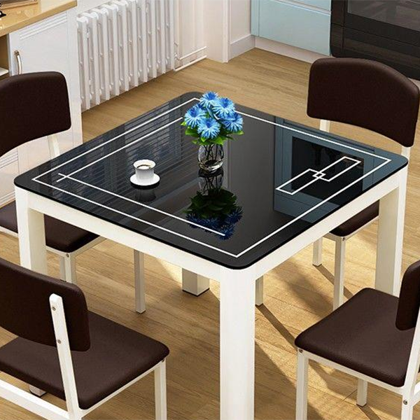 Mesa de comedor cuadrada de estilo industrial, mesa de comedor de vidrio con 4 patas