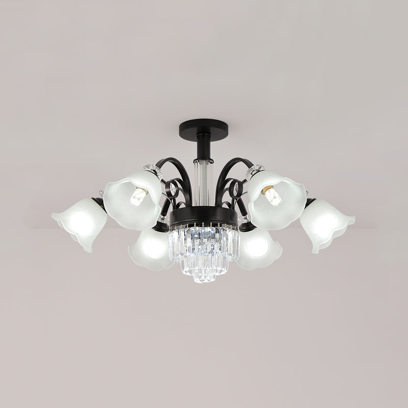 Éclairage de plafond multi-tampon traditionnel à lampe métallique avec une teinte en verre de fleur