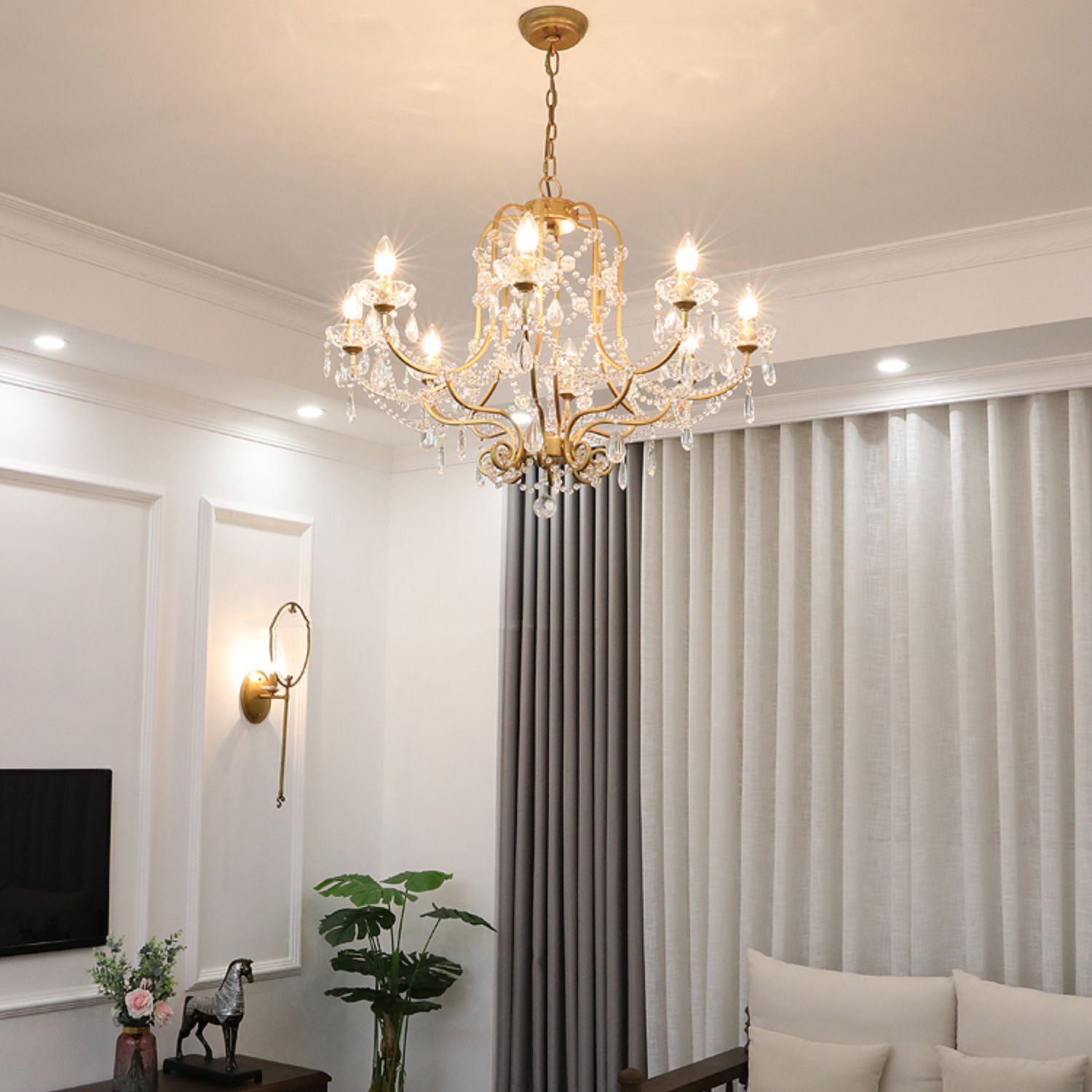 Gold Chandelier Lamp Vintage Metal Candle Suspension Pendant Light with Crystal Drop