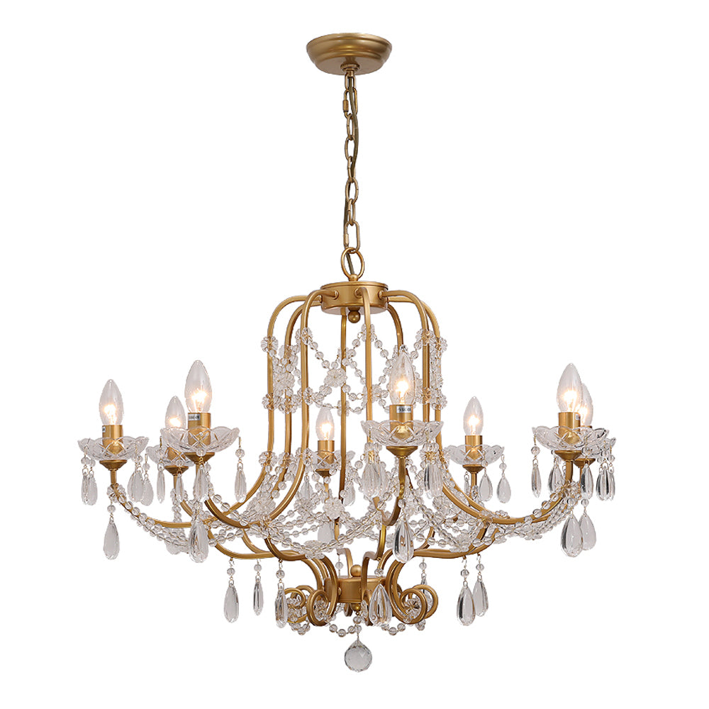 Gold Chandelier Lamp Vintage Metal Candle Suspension Pendant Light with Crystal Drop