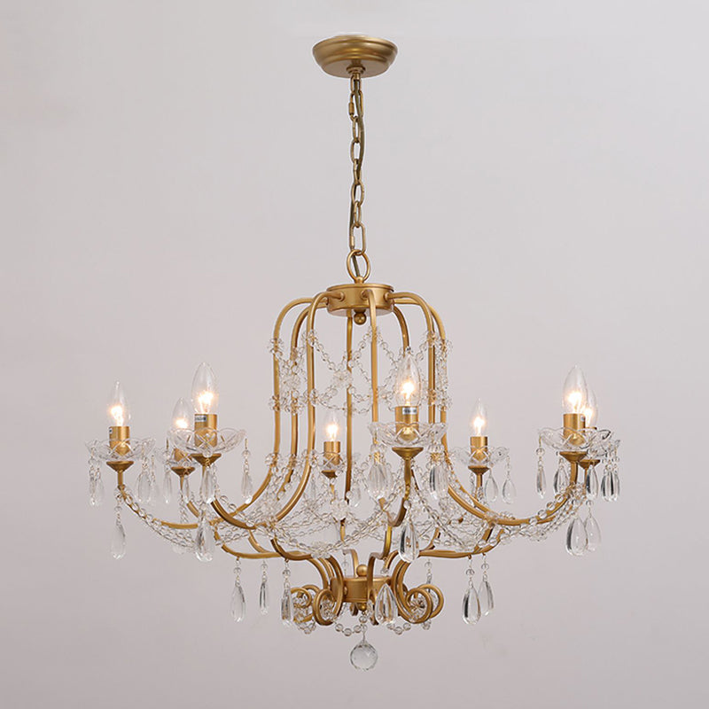 Gold Chandelier Lamp Vintage Metal Candle Suspension Pendant Light with Crystal Drop