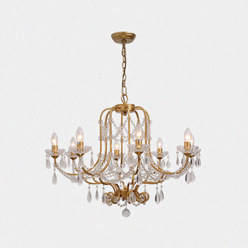 Gold Chandelier Lamp Vintage Metal Candle Suspension Pendant Light with Crystal Drop