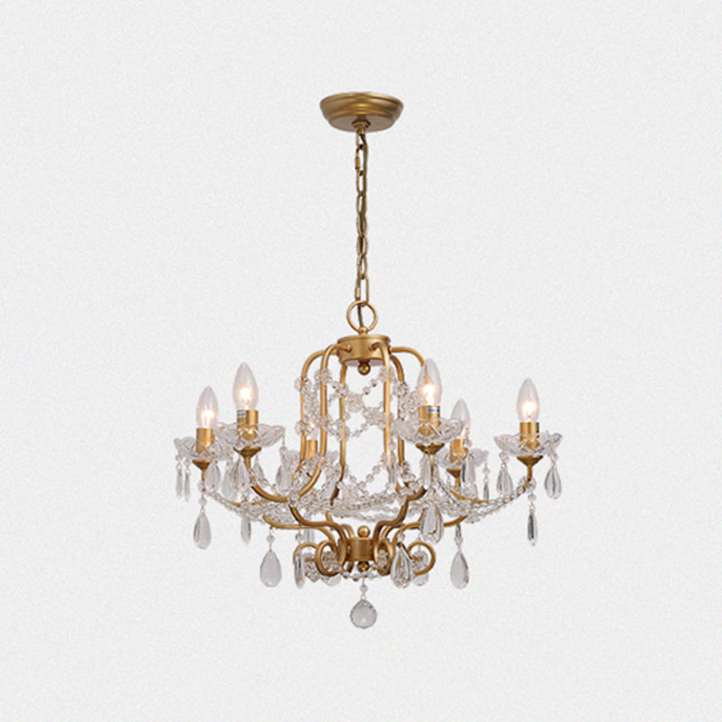 Gold Chandelier Lamp Vintage Metal Candle Suspension Pendant Light with Crystal Drop