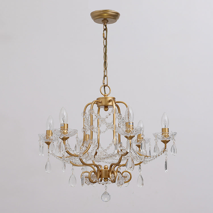 Gold Chandelier Lamp Vintage Metal Candle Suspension Pendant Light with Crystal Drop