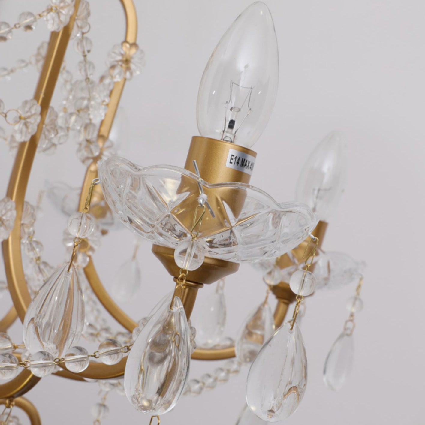 Gold Chandelier Lamp Vintage Metal Candle Suspension Pendant Light with Crystal Drop