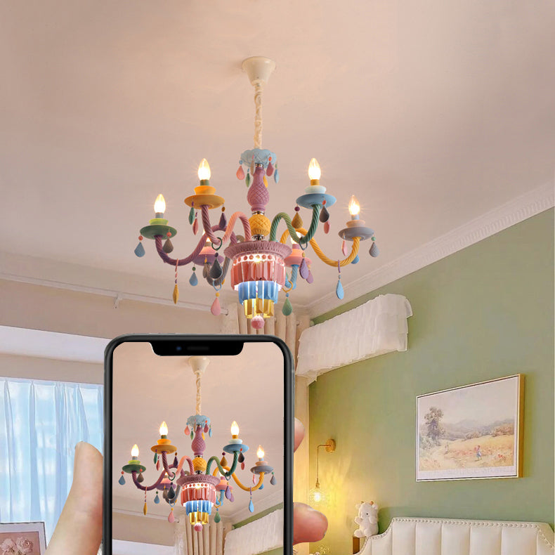 Candle Shape Chandelier Modern Macaroon Stainless Steel Down Lighting Pendant for Bedroom