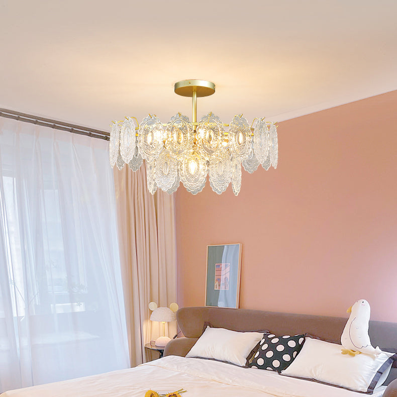 Wheel Shape Chandelier Modern Iron Down Lighting Pendant with Glass Lampshade for Bedroom