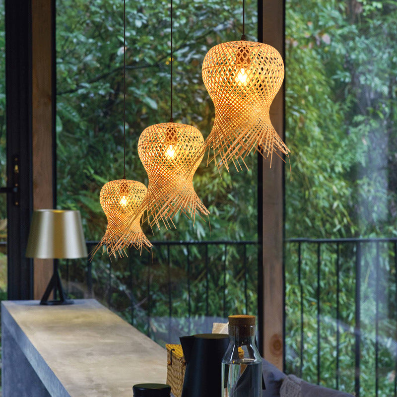 Unique Shade Hanging Lighting Modern Style Bamboo Multi Lights Hanging Lamp