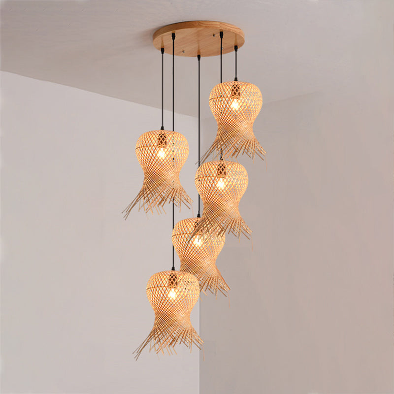 Unique Shade Hanging Lighting Modern Style Bamboo Multi Lights Hanging Lamp
