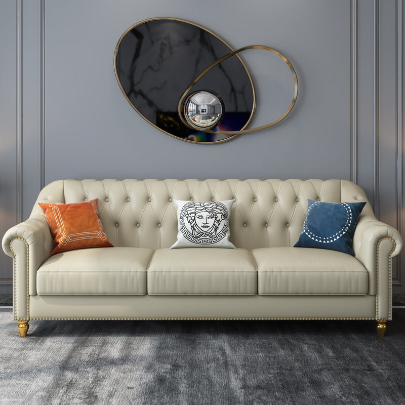 Beige 34.65" H Rolled Arm Glam Sofa with Nailhead Trim for Living Room