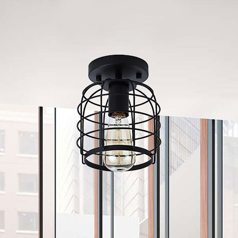 Plafonnier à 1 tête, cage cylindrique vintage en métal, semi-encastré, noir, pour couloir