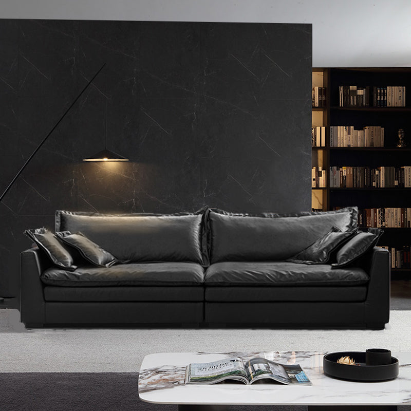 Black Contemporary Faux Leather Tuxedo Arm Sofa with Bolster Pillows for Living Room