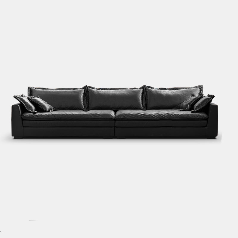 Black Contemporary Faux Leather Tuxedo Arm Sofa with Bolster Pillows for Living Room
