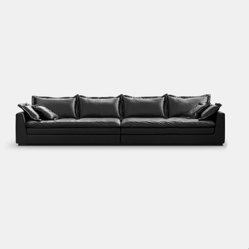 Black Contemporary Faux Leather Tuxedo Arm Sofa with Bolster Pillows for Living Room