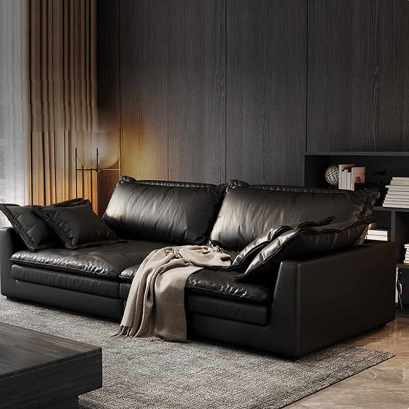 Black Stain Resistant Contemporary Faux Leather Square Arm Sofa with Bolster Pillows
