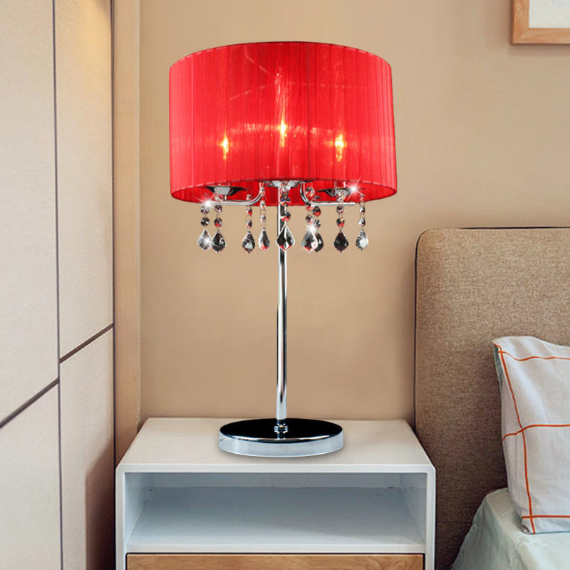 Lampe de bureau cylindrique en tissu, lampe de table de nuit moderne à 1 ampoule en rouge avec larme de cristal