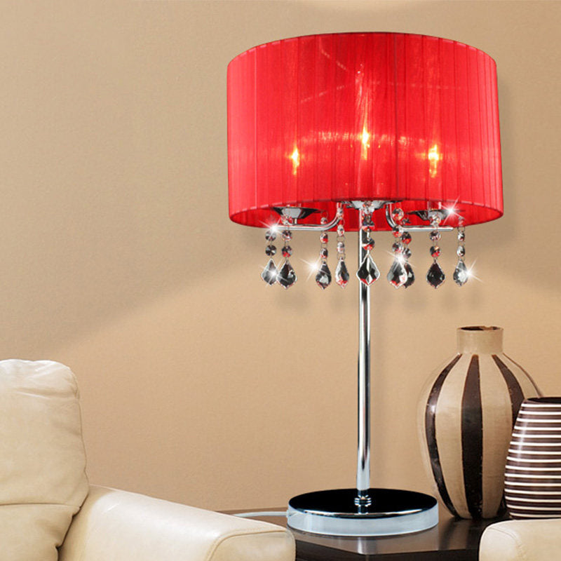 Lámpara de escritorio cilíndrica de tela, lámpara de mesa de noche moderna de 1 bombilla en rojo con lágrima de cristal
