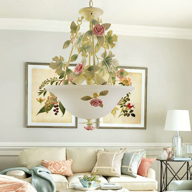 Pastoral Bowl Hanging Chandelier 3 Bulbs White Glass LED Flower Ceiling Light for Living Room