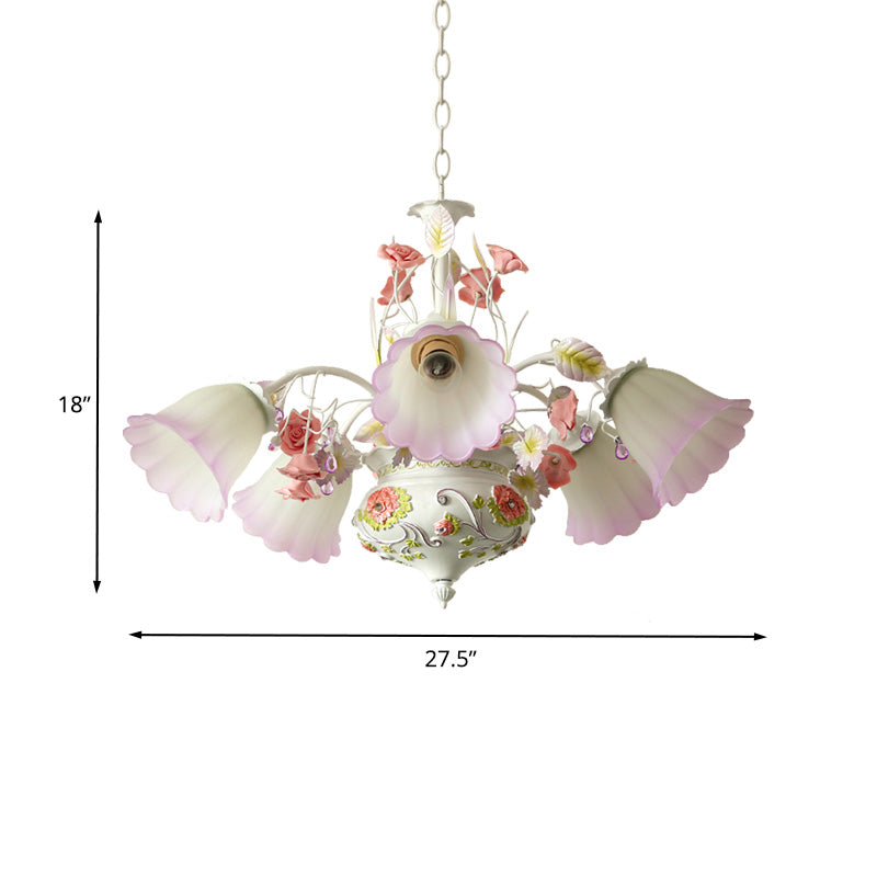 Purple and White Glass Flower Ceiling Chandelier Korean Garden 5 Bulbs Living Room LED Hanging Pendant