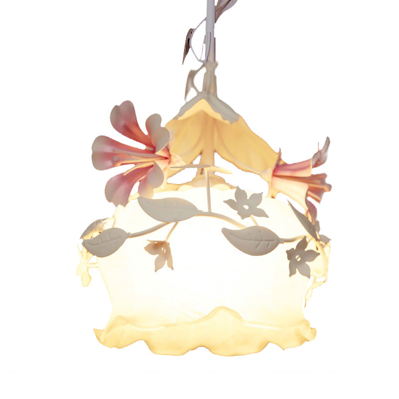 Pink Scalloped Chandelier Pendant Light Pastoral White Glass 1/3 Heads Bedroom LED Ceiling Lamp