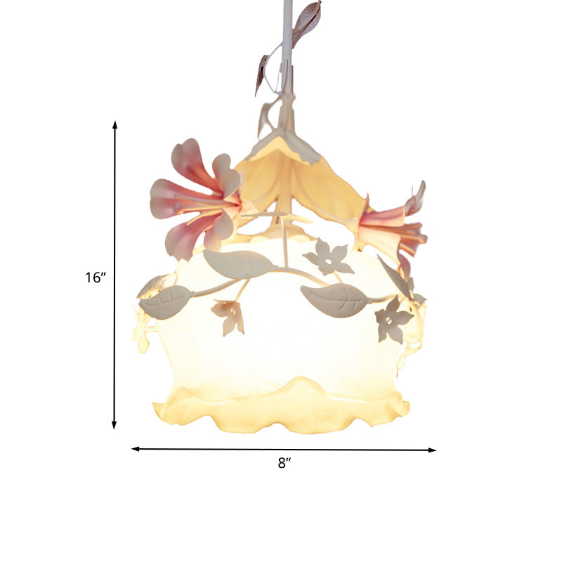 Pink Scalloped Chandelier Pendant Light Pastoral White Glass 1/3 Heads Bedroom LED Ceiling Lamp