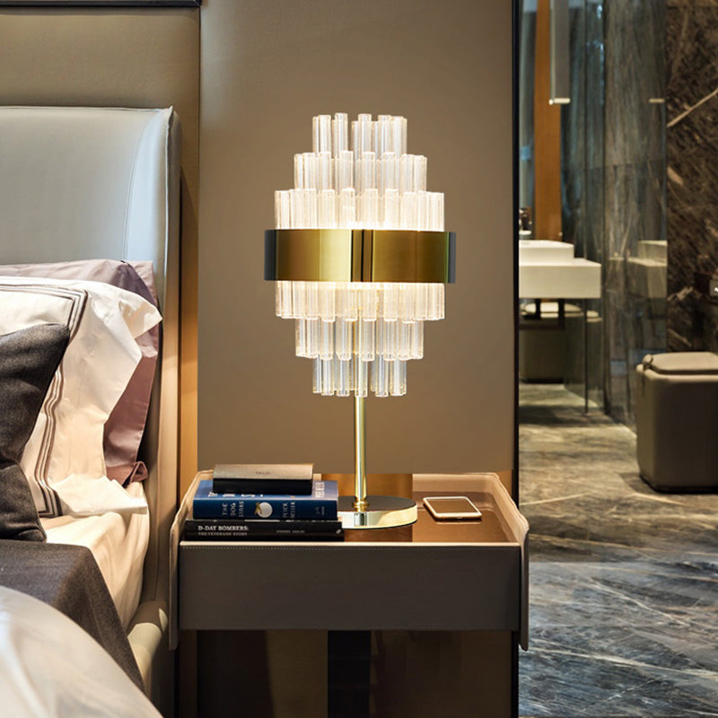 LED Bedside Table Lamp Modern Gold Task Lighting with Tiered Hand-Cut Crystal Shade