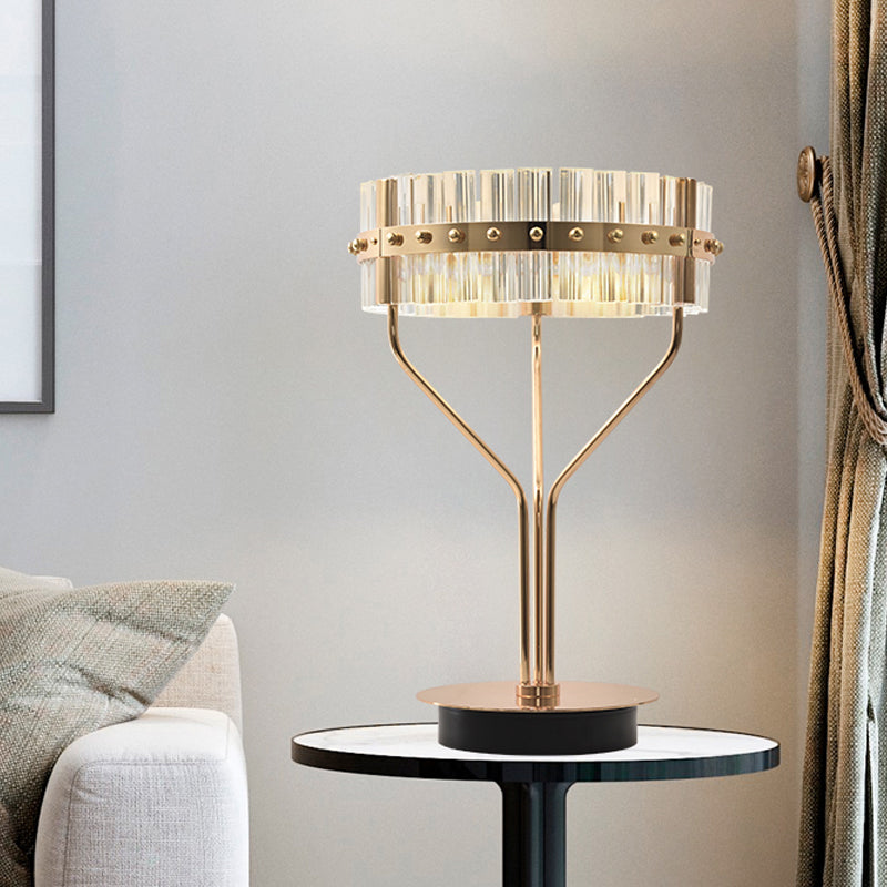 LED Cylindrical Desk Light Contemporary Beveled Crystal Night Table Lamp in Gold