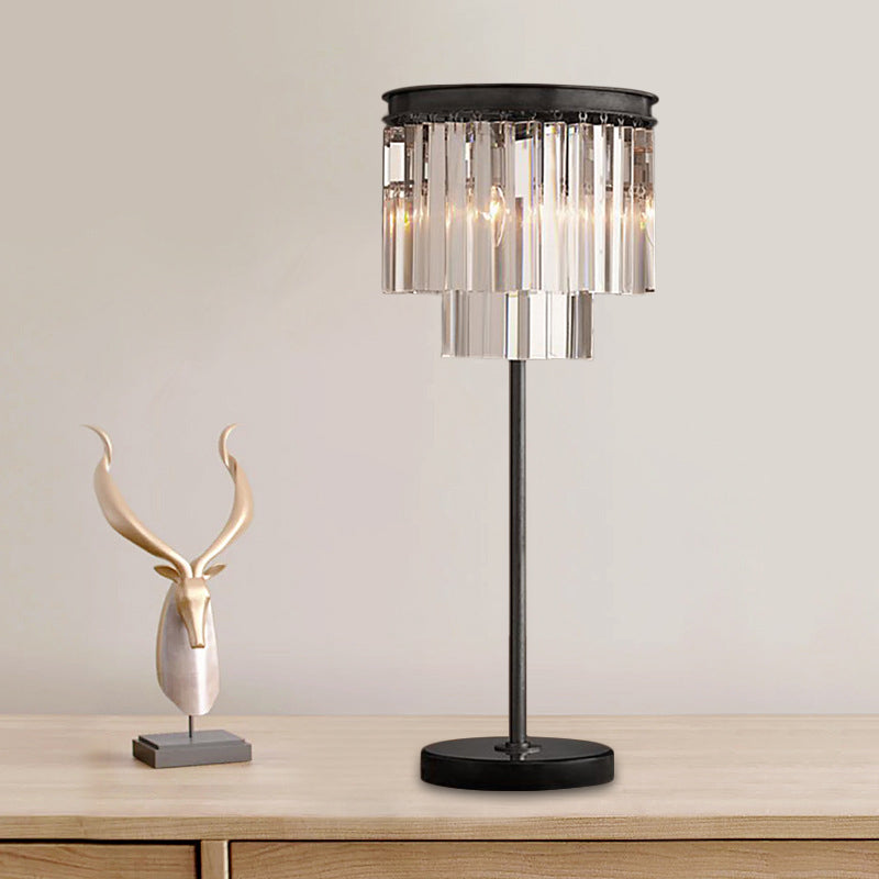 Simplicity Cylinder Shape Table Lamp Hand-Cut Crystal 3 Bulbs Reading Book Light in Black