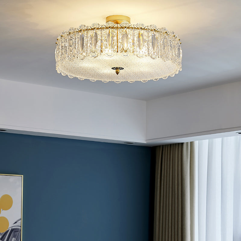 Lampe de plafond de forme ronde Mount à chasse d'eau en fer moderne avec abat-jour en verre pour chambre à coucher