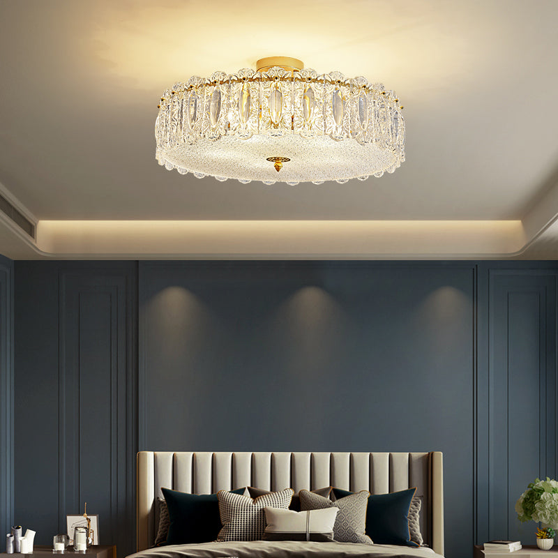 Lampe de plafond de forme ronde Mount à chasse d'eau en fer moderne avec abat-jour en verre pour chambre à coucher