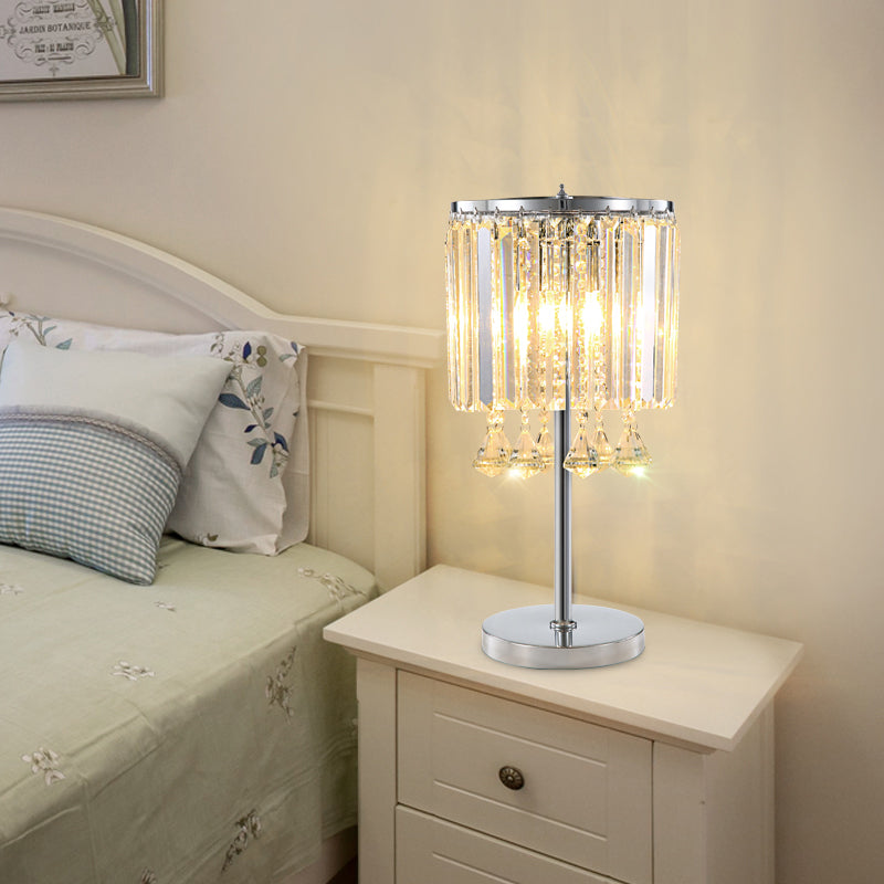 2 Heads Drum Task Light Modern Faceted Crystal Table Lamp in Chrome with Crystal Teardrop
