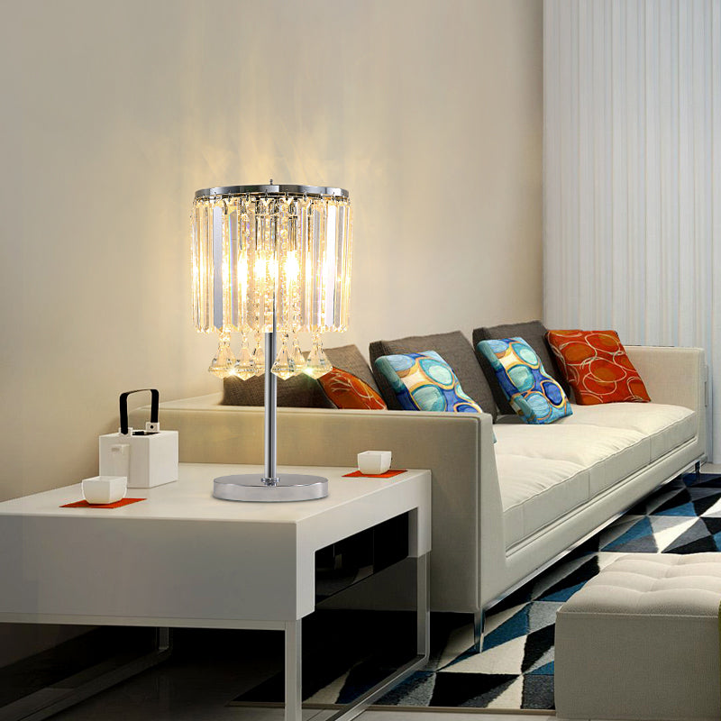 2 Heads Drum Task Light Modern Faceted Crystal Table Lamp in Chrome with Crystal Teardrop