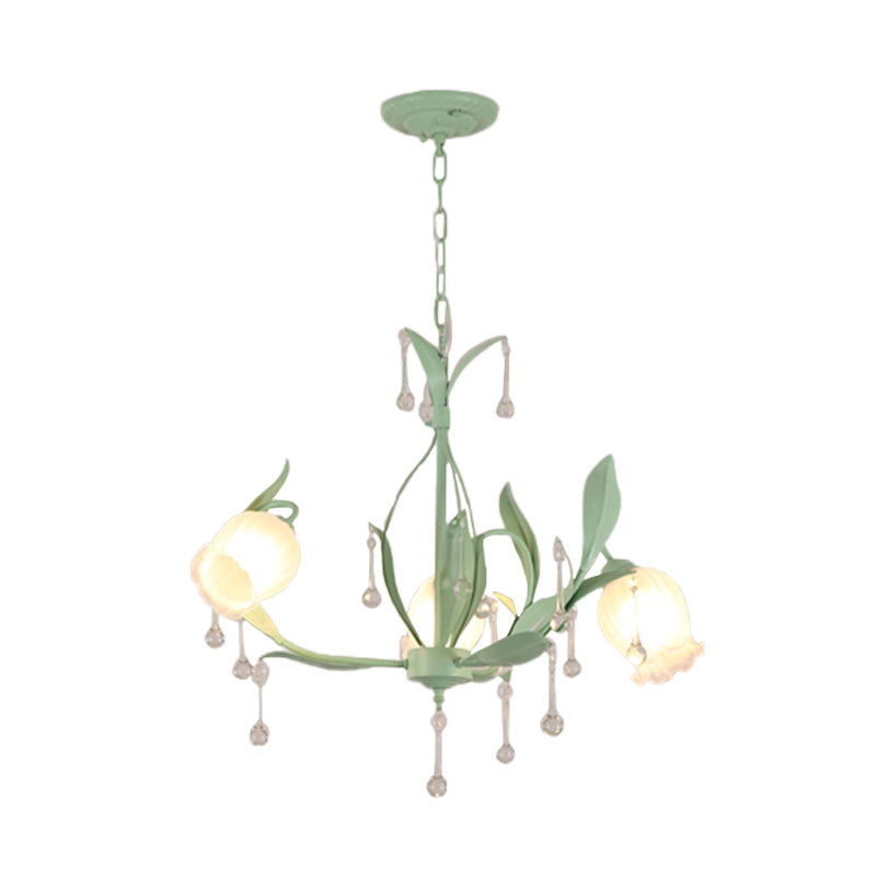 Korean Garden Floral Chandelier Light 3/6/8 Bulbs Opaline Glass LED Pendant Lighting in Pink/Green for Living Room