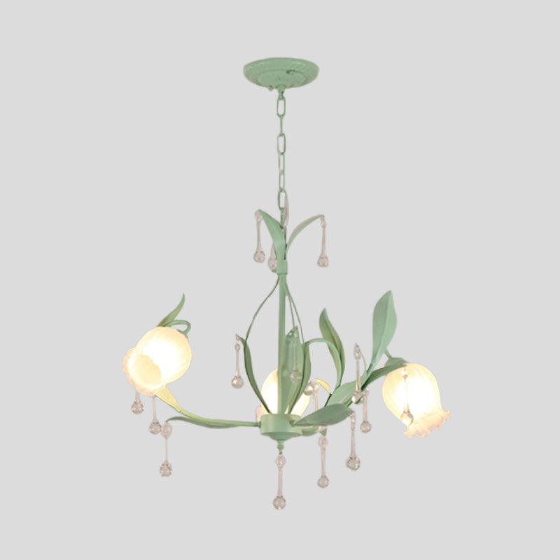 Korean Garden Floral Chandelier Light 3/6/8 Bulbs Opaline Glass LED Pendant Lighting in Pink/Green for Living Room