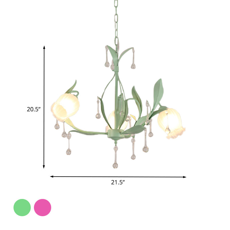 Korean Garden Floral Chandelier Light 3/6/8 Bulbs Opaline Glass LED Pendant Lighting in Pink/Green for Living Room