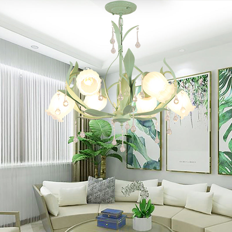 Korean Garden Floral Chandelier Light 3/6/8 Bulbs Opaline Glass LED Pendant Lighting in Pink/Green for Living Room