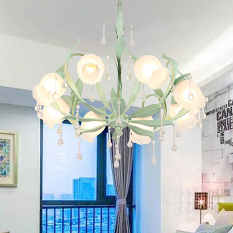 Korean Garden Floral Chandelier Light 3/6/8 Bulbs Opaline Glass LED Pendant Lighting in Pink/Green for Living Room
