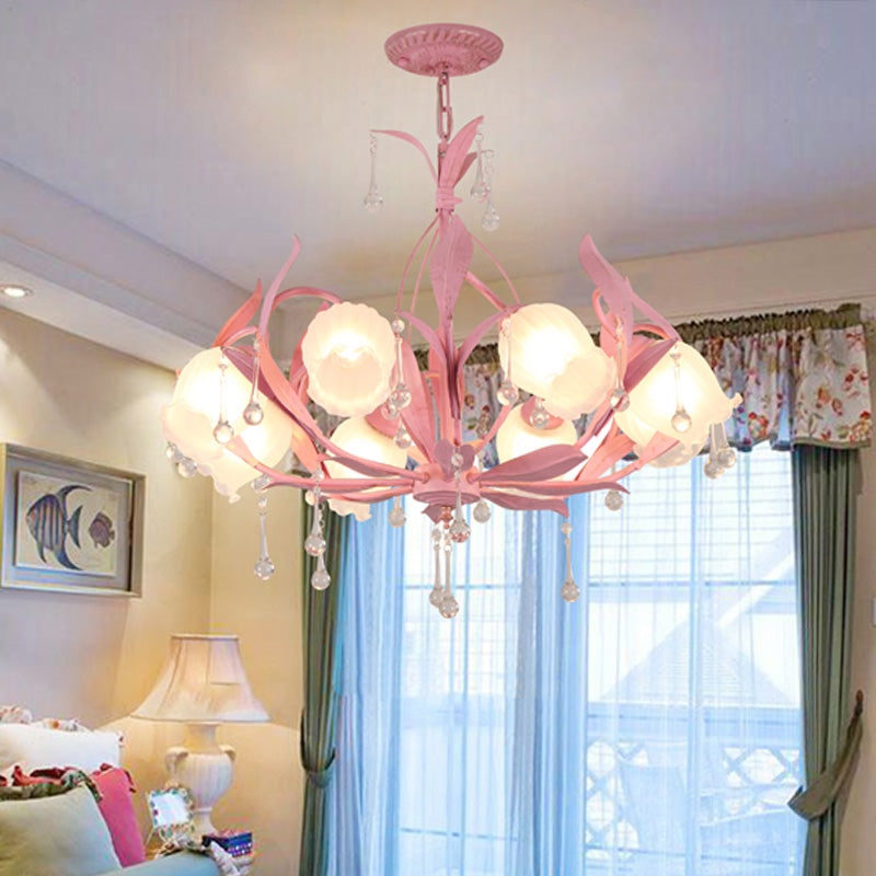 Korean Garden Floral Chandelier Light 3/6/8 Bulbs Opaline Glass LED Pendant Lighting in Pink/Green for Living Room