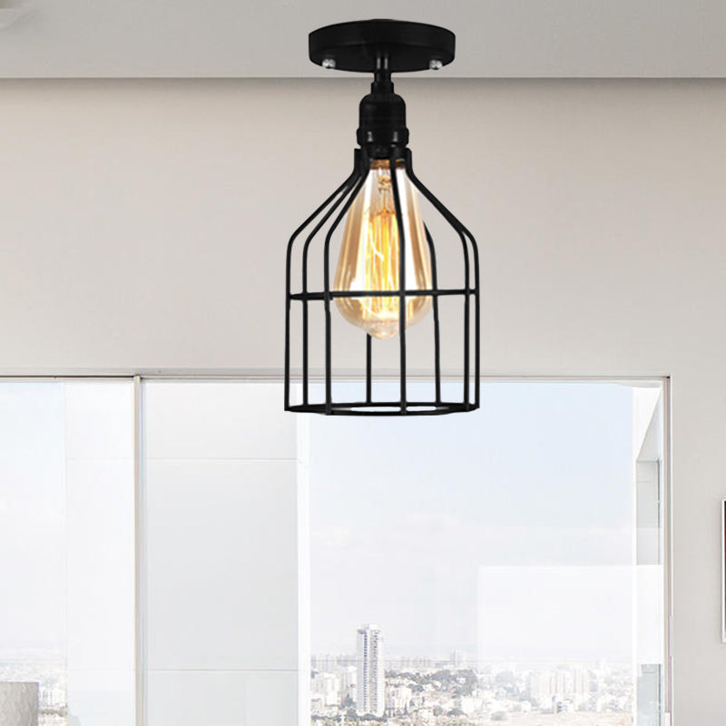 Plafonnier semi-encastré en fer Global/Barrel avec protection en fil de style ferme, plafonnier à 1 lumière pour café, noir