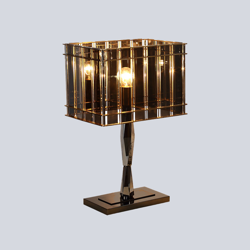 Lampada da comodino modernista rettangolare a 1 lampadina in cristallo fumé con piedistallo in metallo