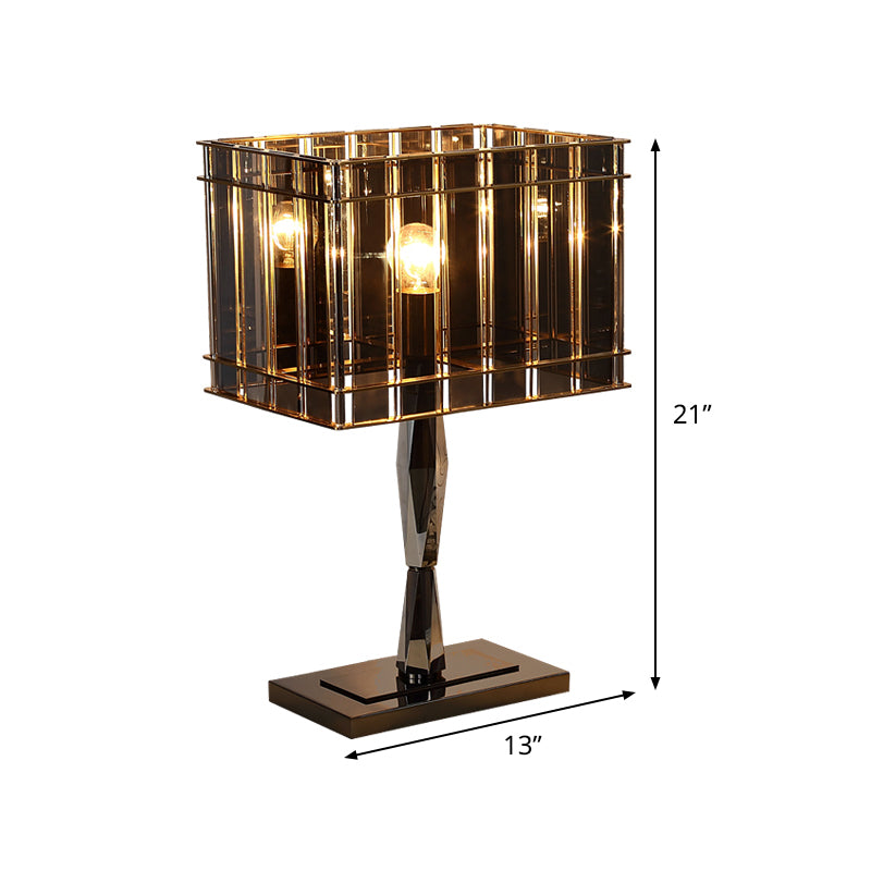 Lampada da comodino modernista rettangolare a 1 lampadina in cristallo fumé con piedistallo in metallo